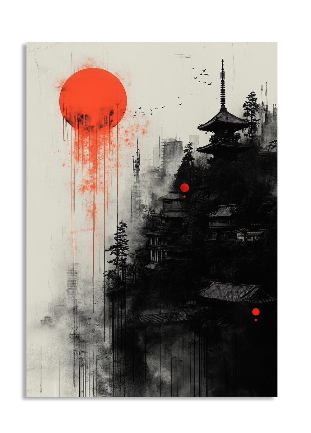 Artistic depiction of a pagoda with a large red sun in the background, as a premium aluminum metal print from GoMetalPrint.
