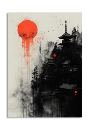 Artistic depiction of a pagoda with a large red sun in the background, as a premium aluminum metal print from GoMetalPrint.
