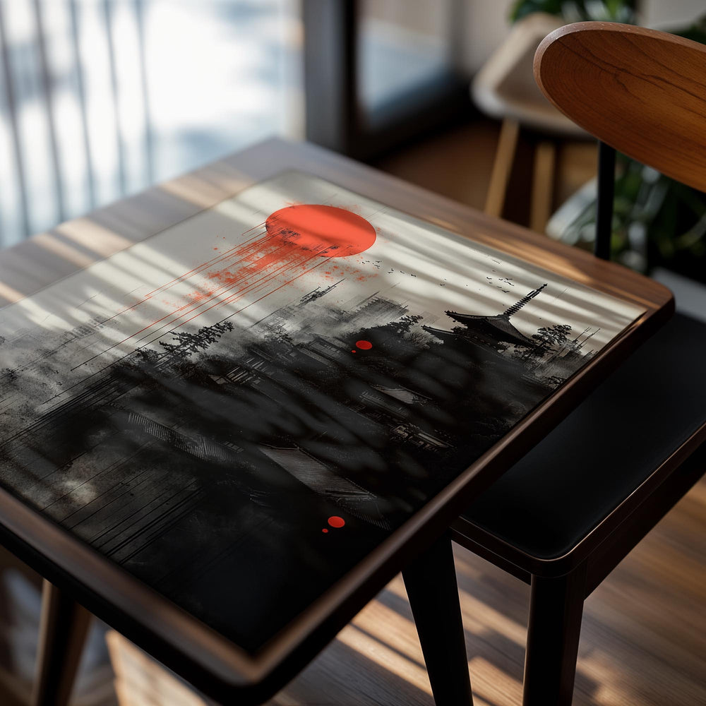 Artistic depiction of a pagoda with a large red sun in the background, as a premium aluminum metal print from GoMetalPrint.
