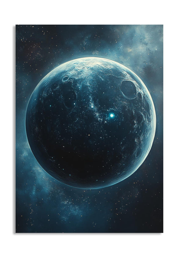 Art print of a celestial scene with a large planet or moon against a starry space background, as a premium aluminum metal print from GoMetalPrint.
