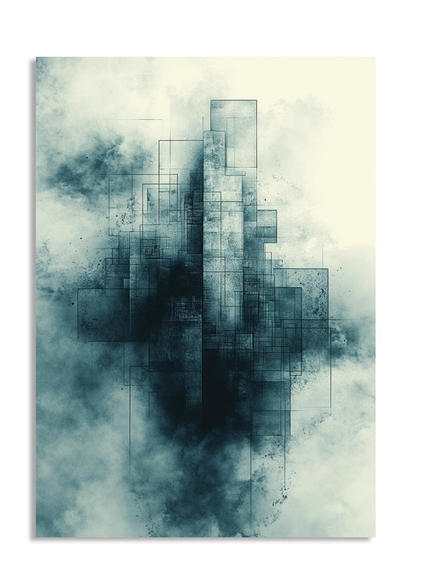 Abstract art piece with geometric shapes and smoky textures on a light background, as a premium aluminum metal print from GoMetalPrint.
