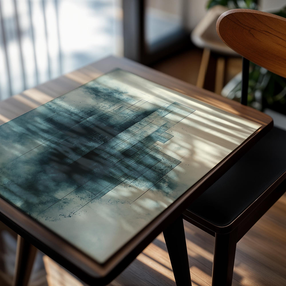 Abstract art piece with geometric shapes and smoky textures on a light background, as a premium aluminum metal print from GoMetalPrint.
