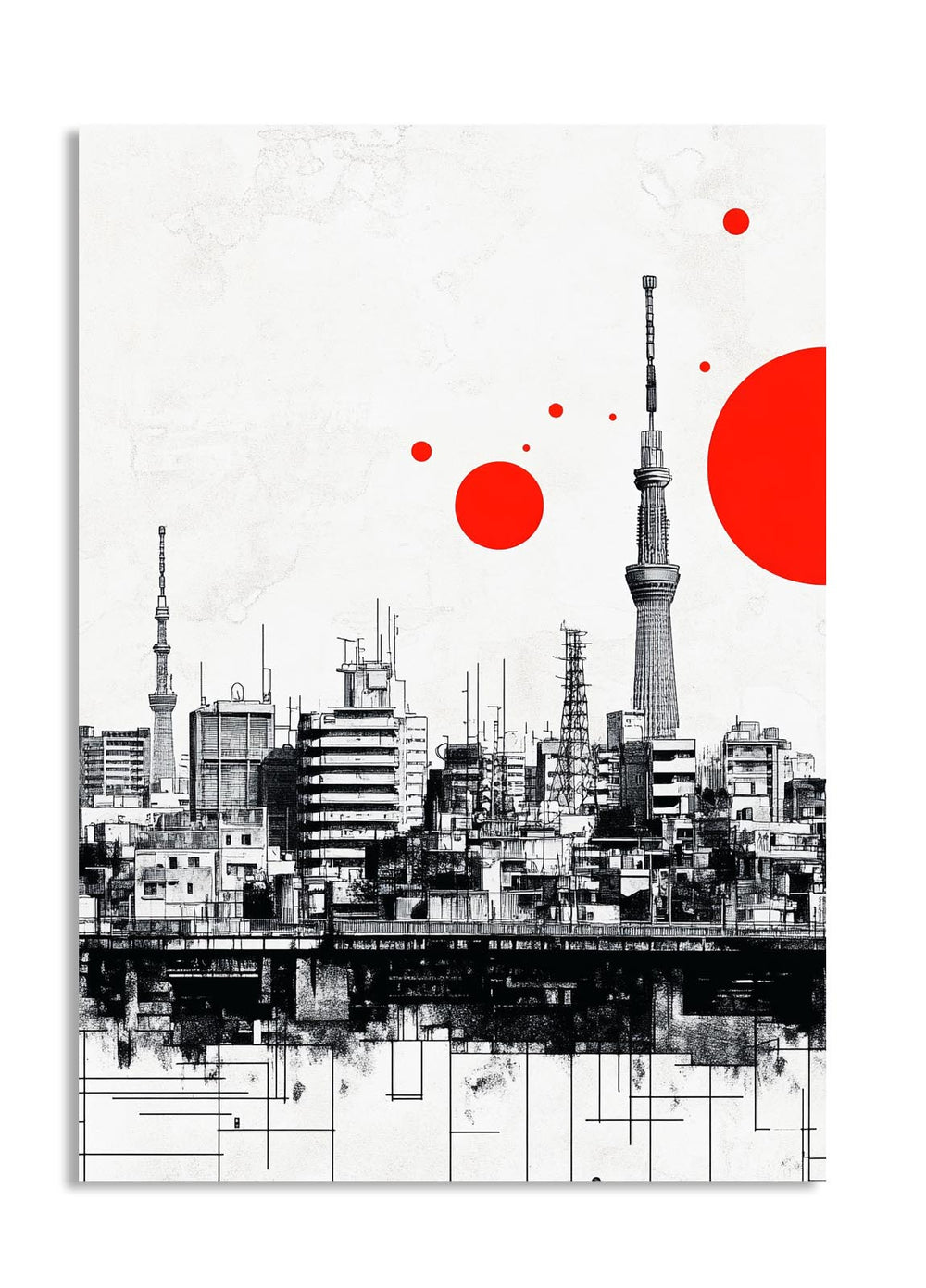 Cityscape with modern buildings and red circular elements on a white background, as a premium aluminum metal print from GoMetalPrint.
