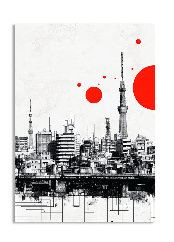 Cityscape with modern buildings and red circular elements on a white background, as a premium aluminum metal print from GoMetalPrint.
