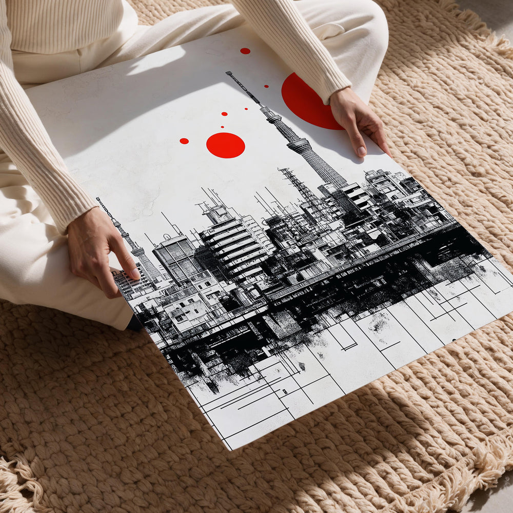 Cityscape with modern buildings and red circular elements on a white background, as a premium aluminum metal print from GoMetalPrint.
