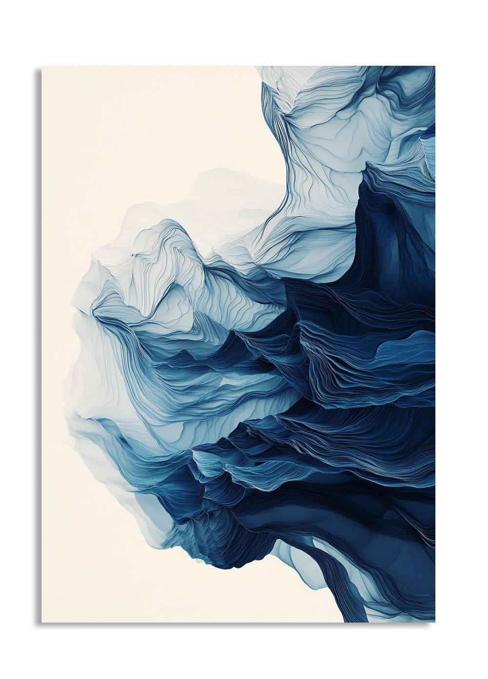 Abstract blue and white artwork on a beige background, as a premium aluminum metal print from GoMetalPrint.
