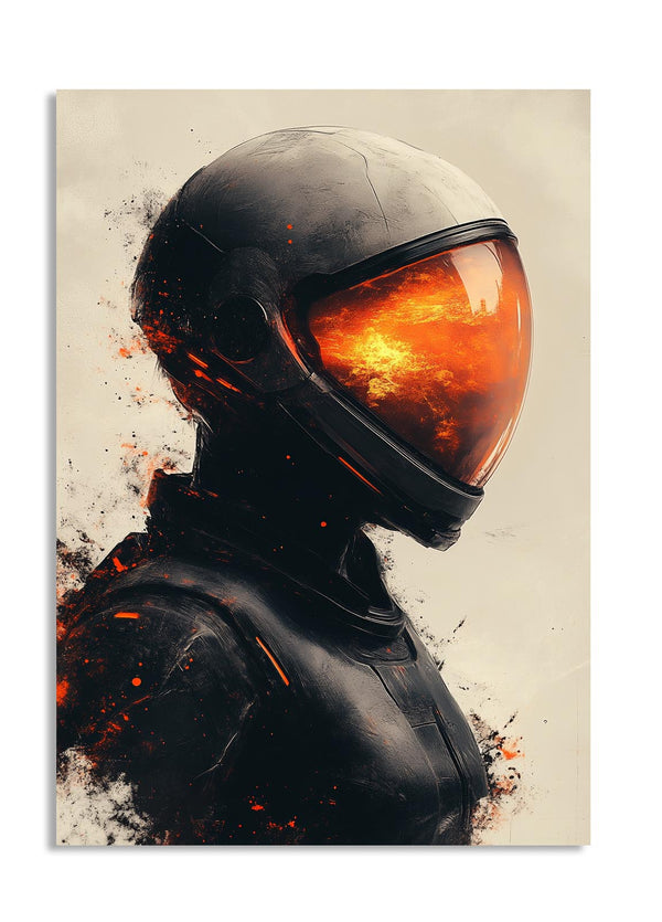 Person wearing a black astronaut suit with a helmet on a beige background, as a premium aluminum metal print from GoMetalPrint.
