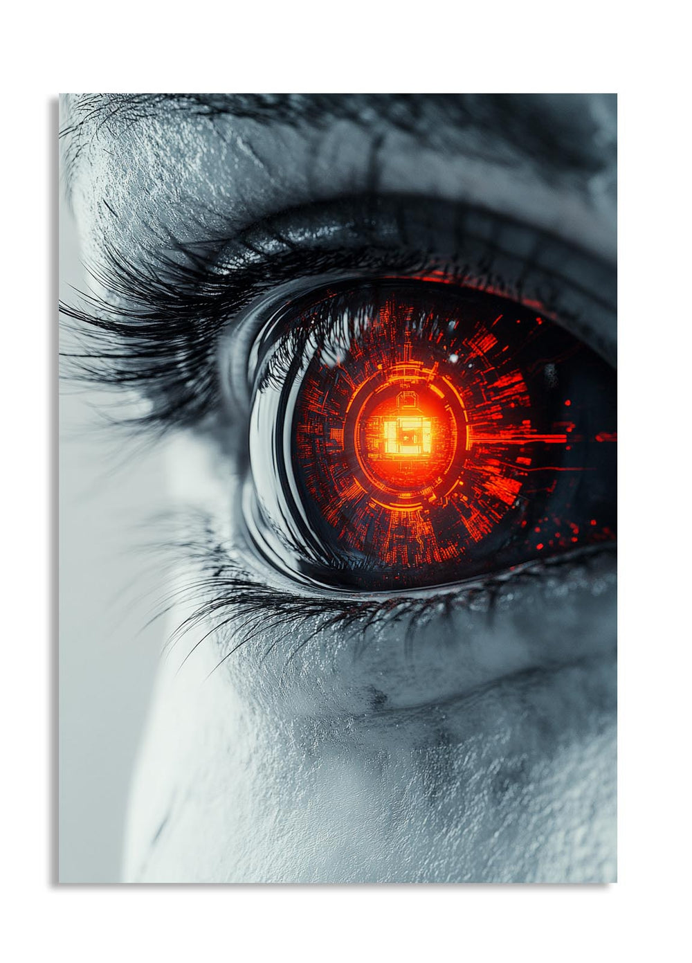 Close-up of a human eye with a futuristic, glowing red and orange core, as a premium aluminum metal print from GoMetalPrint.
