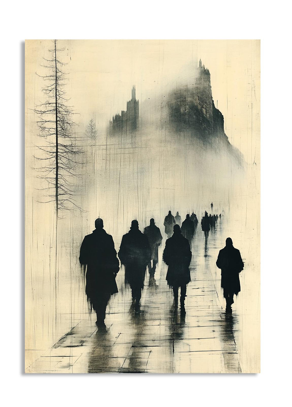 Silhouettes of people walking on a foggy street with a cityscape in the background, as a premium aluminum metal print from GoMetalPrint.
