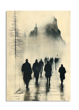 Silhouettes of people walking on a foggy street with a cityscape in the background, as a premium aluminum metal print from GoMetalPrint.
