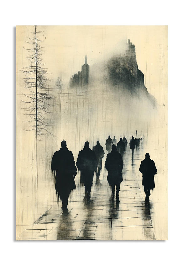 Silhouettes of people walking on a foggy street with a cityscape in the background, as a premium aluminum metal print from GoMetalPrint.
