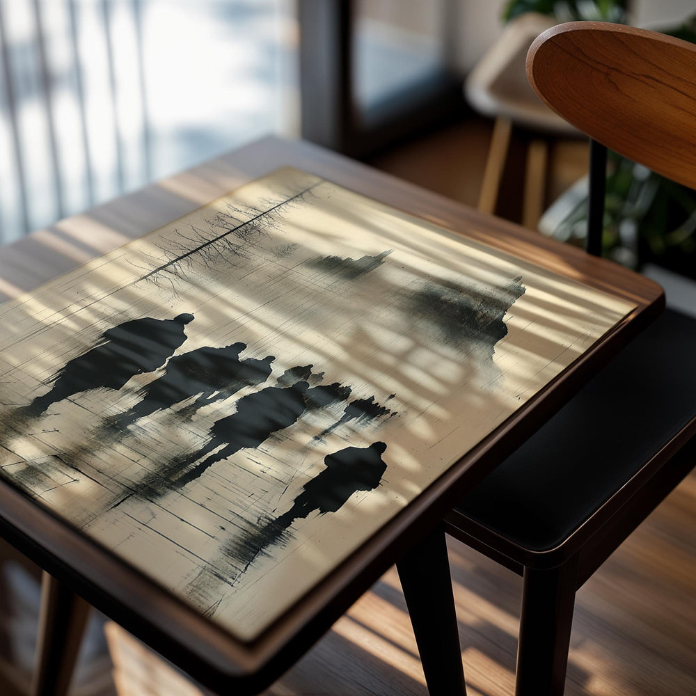 Silhouettes of people walking on a foggy street with a cityscape in the background, as a premium aluminum metal print from GoMetalPrint.
