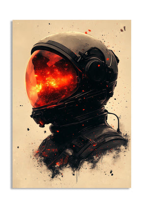 Artistic depiction of an astronaut in a spacesuit with a fiery helmet on a beige background, as a premium aluminum metal print from GoMetalPrint.
