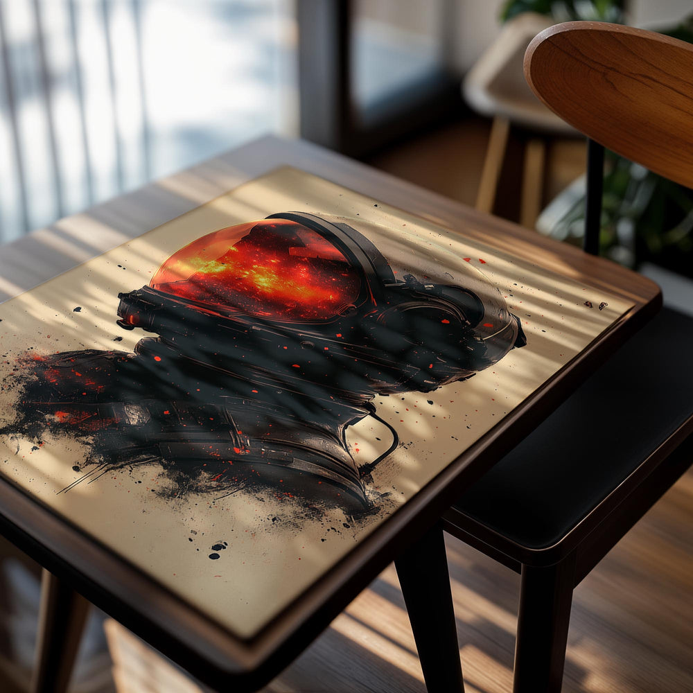 Artistic depiction of an astronaut in a spacesuit with a fiery helmet on a beige background, as a premium aluminum metal print from GoMetalPrint.

