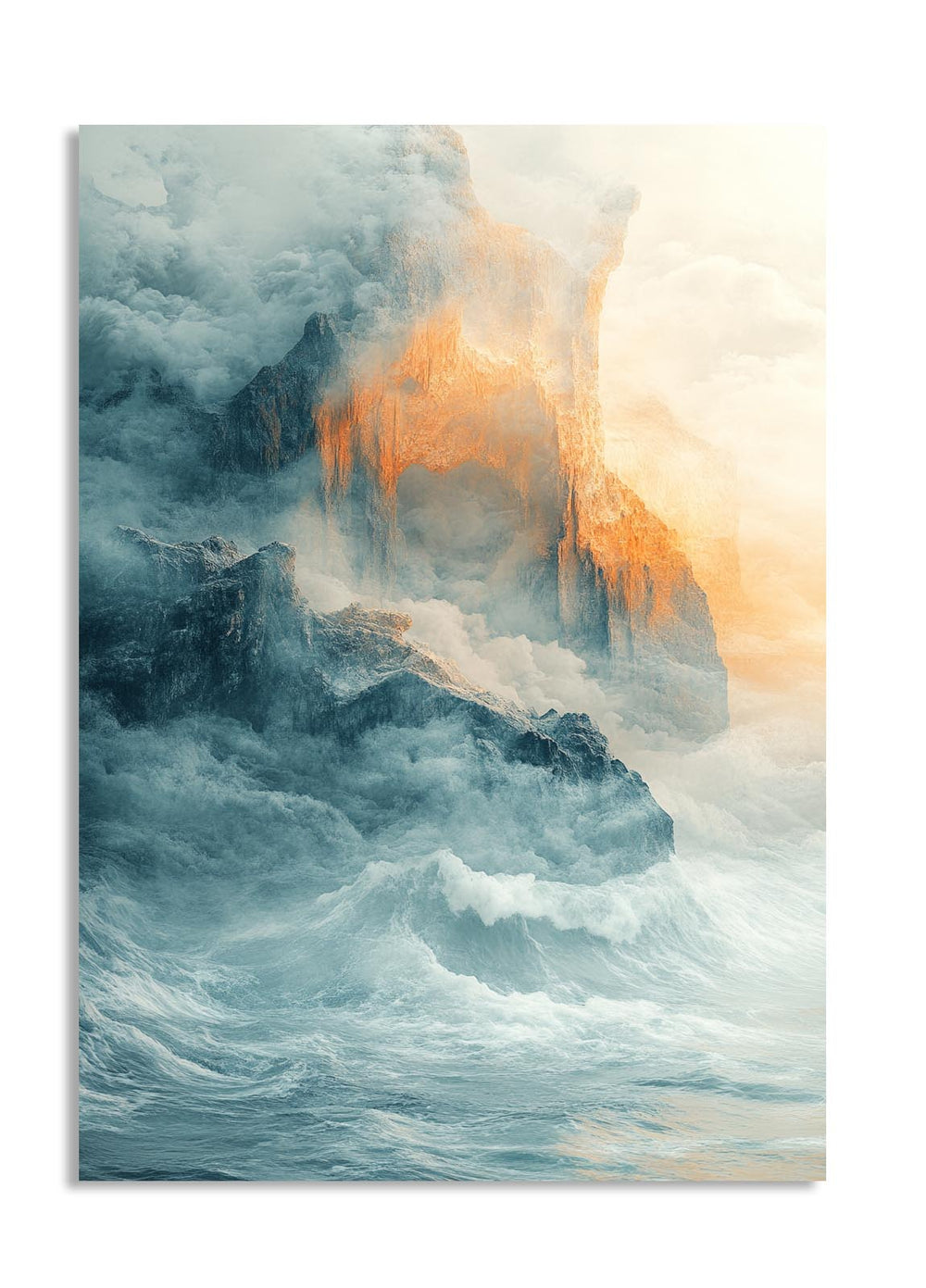 Abstract artwork of a mountain landscape with warm orange and blue tones, as a premium aluminum metal print from GoMetalPrint.
