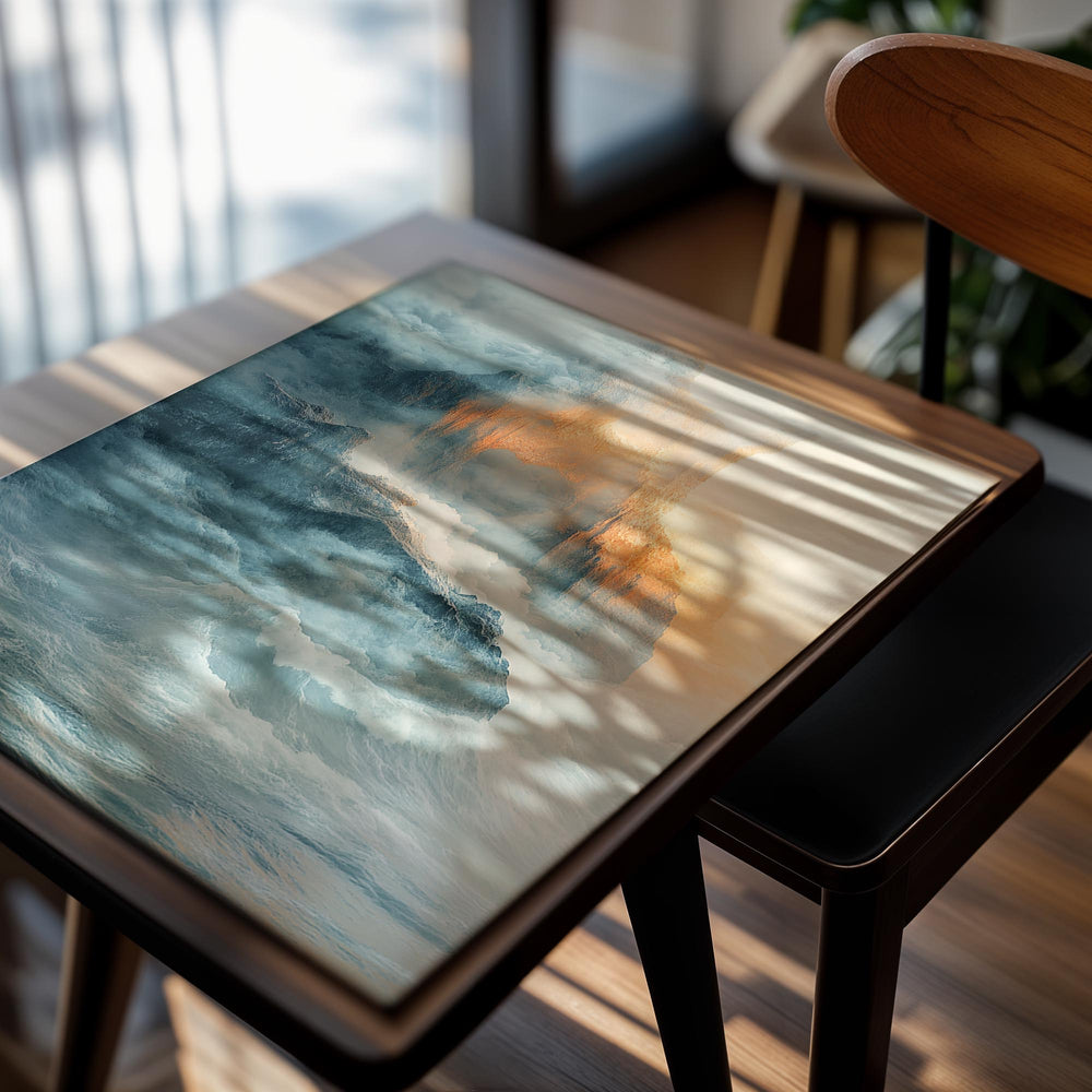 Abstract artwork of a mountain landscape with warm orange and blue tones, as a premium aluminum metal print from GoMetalPrint.
