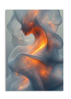 Abstract artwork of a woman's face with fiery orange and red colors on a gray background, as a premium aluminum metal print from GoMetalPrint.
