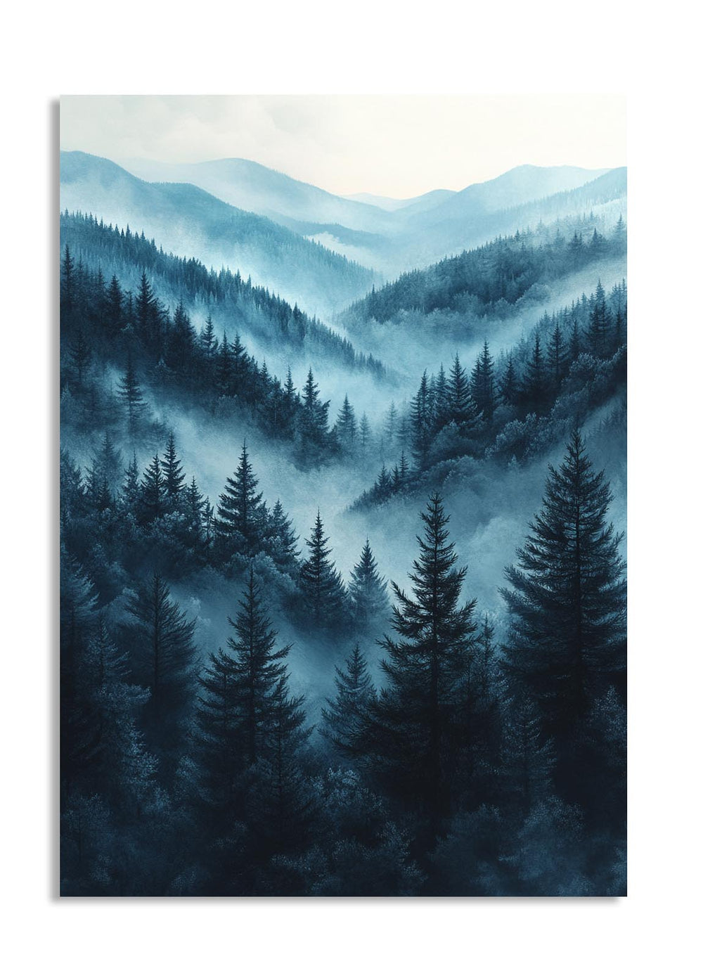 Forest scene with mountains in blue tones on a white background, as a premium aluminum metal print from GoMetalPrint.
