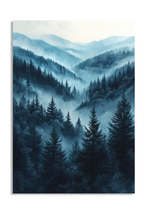 Forest scene with mountains in blue tones on a white background, as a premium aluminum metal print from GoMetalPrint.
