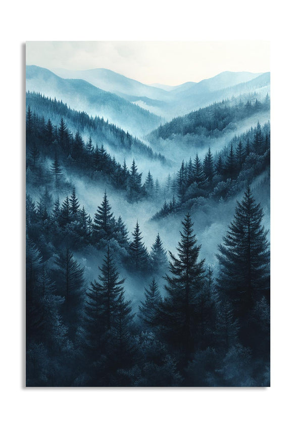 Forest scene with mountains in blue tones on a white background, as a premium aluminum metal print from GoMetalPrint.

