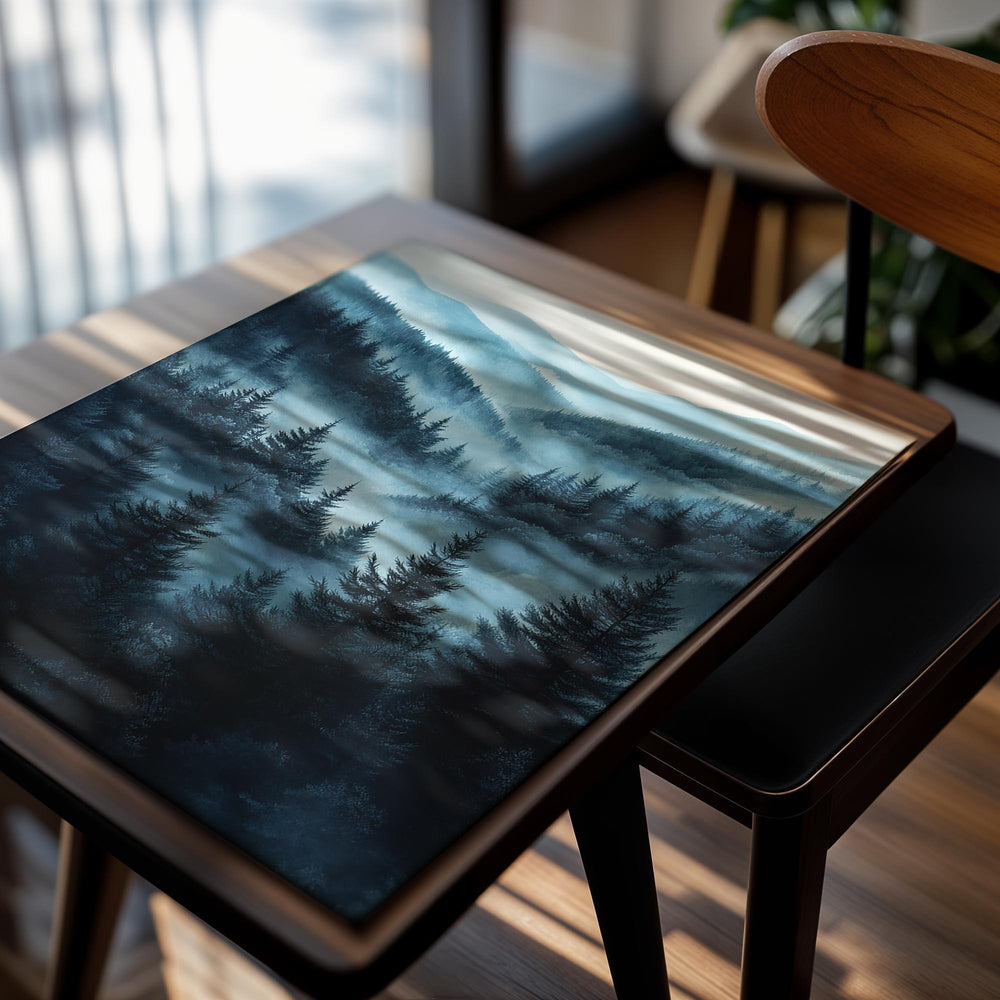 Forest scene with mountains in blue tones on a white background, as a premium aluminum metal print from GoMetalPrint.
