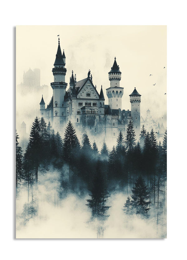 Castle in the mist surrounded by trees on a beige background, as a premium aluminum metal print from GoMetalPrint.

