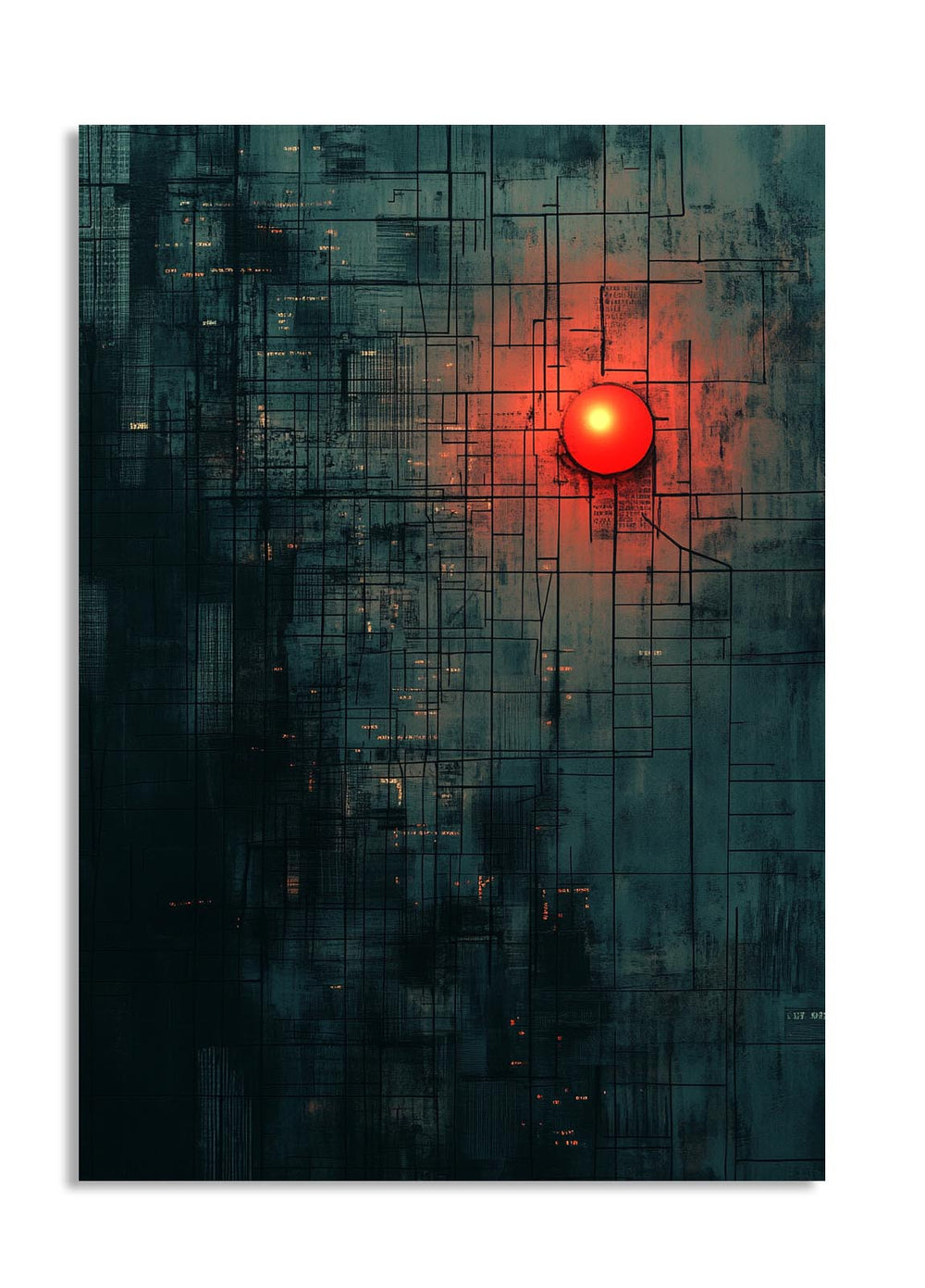 Abstract art piece with a red circle in the center on a dark grid background, as a premium aluminum metal print from GoMetalPrint.
