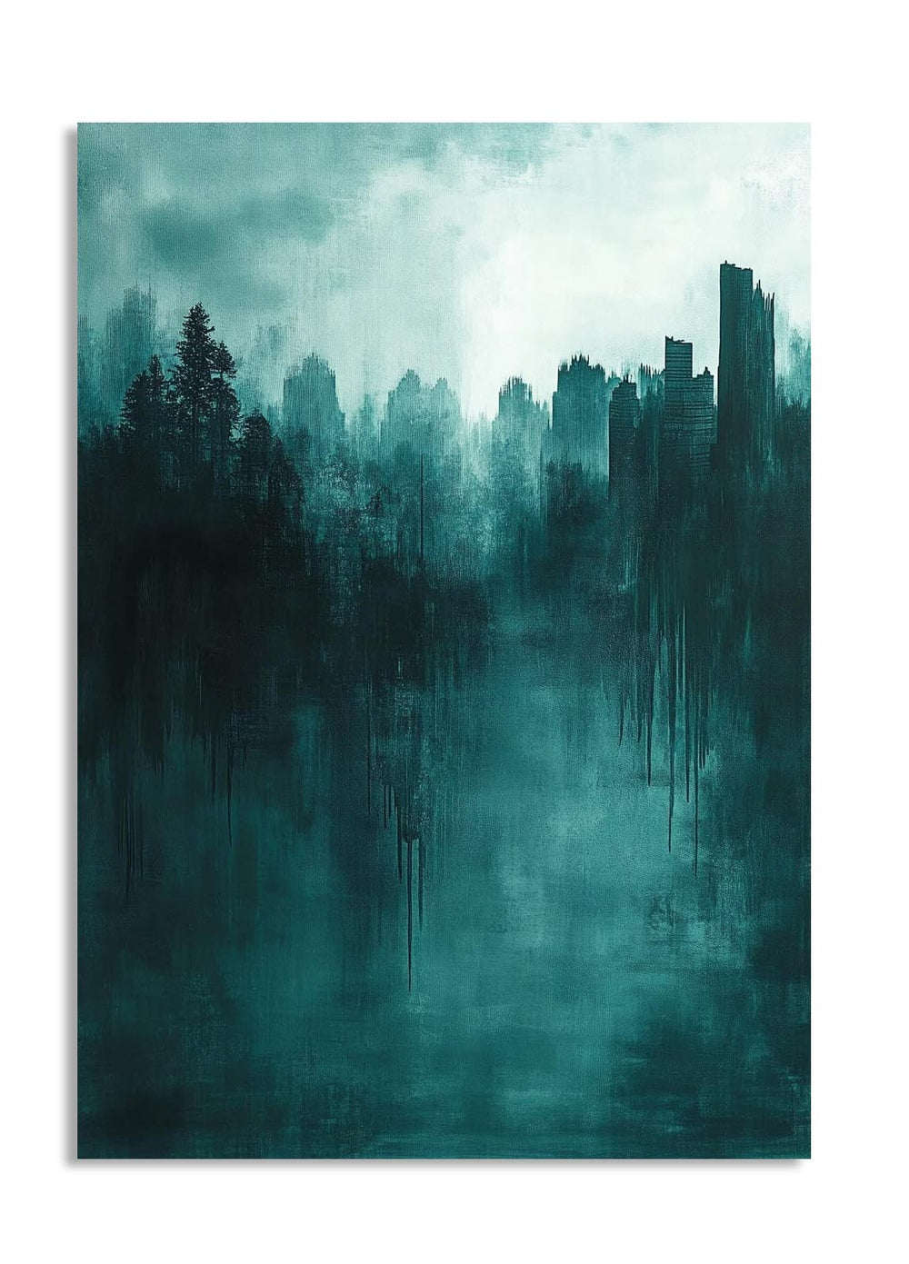 Artistic depiction of a cityscape merging with a forest in teal and black tones, as a premium aluminum metal print from GoMetalPrint.
