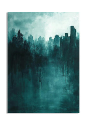 Artistic depiction of a cityscape merging with a forest in teal and black tones, as a premium aluminum metal print from GoMetalPrint.
