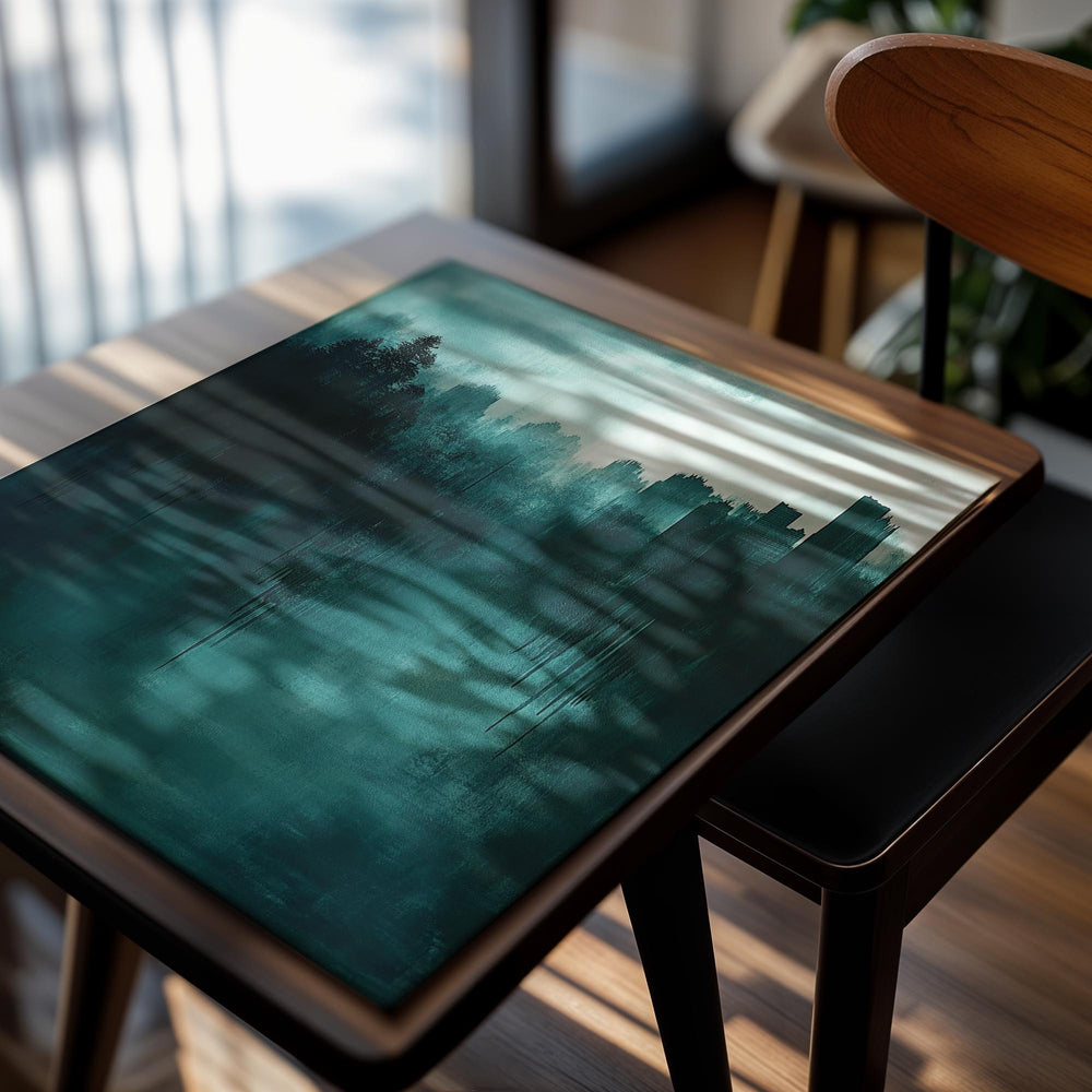 Artistic depiction of a cityscape merging with a forest in teal and black tones, as a premium aluminum metal print from GoMetalPrint.
