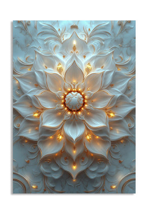 Decorative wall art with a floral design and embedded lights on a light blue background, as a premium aluminum metal print from GoMetalPrint.
