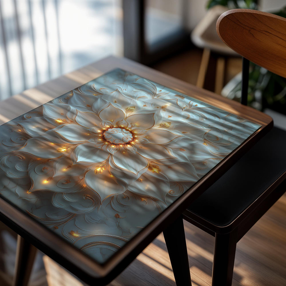 Decorative wall art with a floral design and embedded lights on a light blue background, as a premium aluminum metal print from GoMetalPrint.
