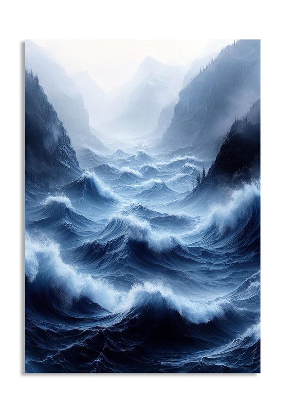 Stylized mountain landscape with blue and white tones, as a premium aluminum metal print from GoMetalPrint.
