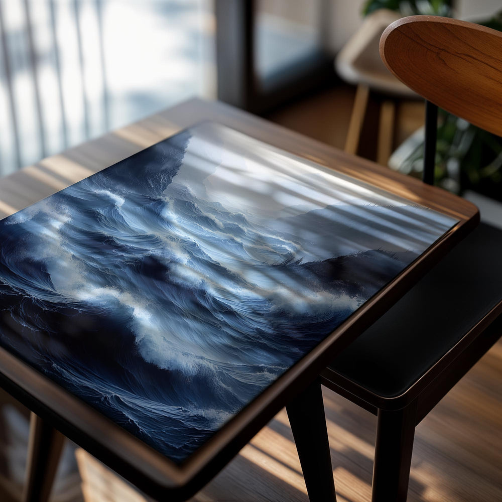 Stylized mountain landscape with blue and white tones, as a premium aluminum metal print from GoMetalPrint.
