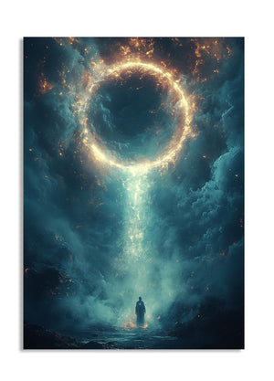 Artistic depiction of a person standing in front of a cosmic event horizon with a bright light source, as a premium aluminum metal print from GoMetalPrint.
