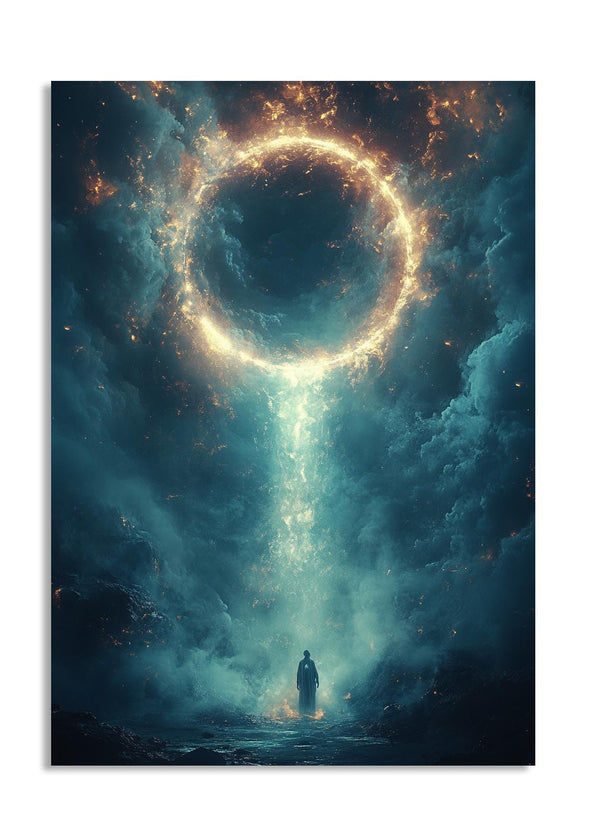 Artistic depiction of a person standing in front of a cosmic event horizon with a bright light source, as a premium aluminum metal print from GoMetalPrint.
