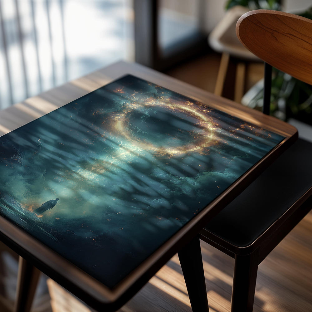 Artistic depiction of a person standing in front of a cosmic event horizon with a bright light source, as a premium aluminum metal print from GoMetalPrint.
