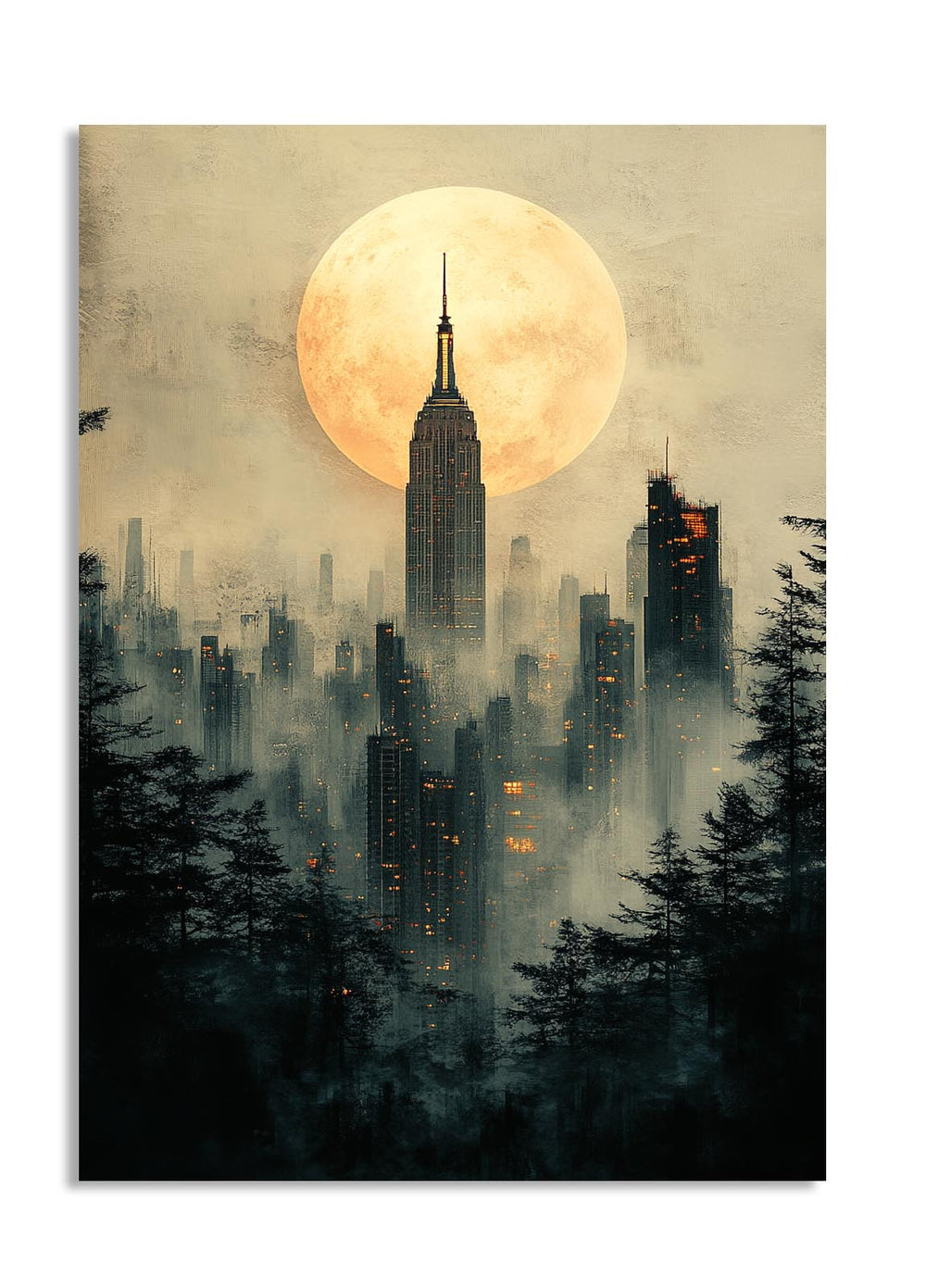 Cityscape with a large moon in the sky, featuring the Empire State Building, as a premium aluminum metal print from GoMetalPrint.
