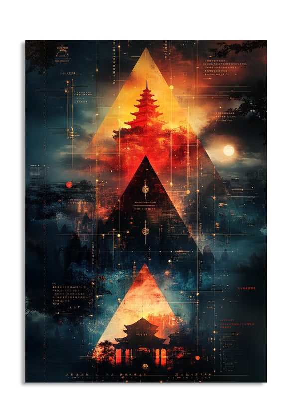 Artistic depiction of a pyramid with a temple silhouette against a dark sky with a moon, as a premium aluminum metal print from GoMetalPrint.
