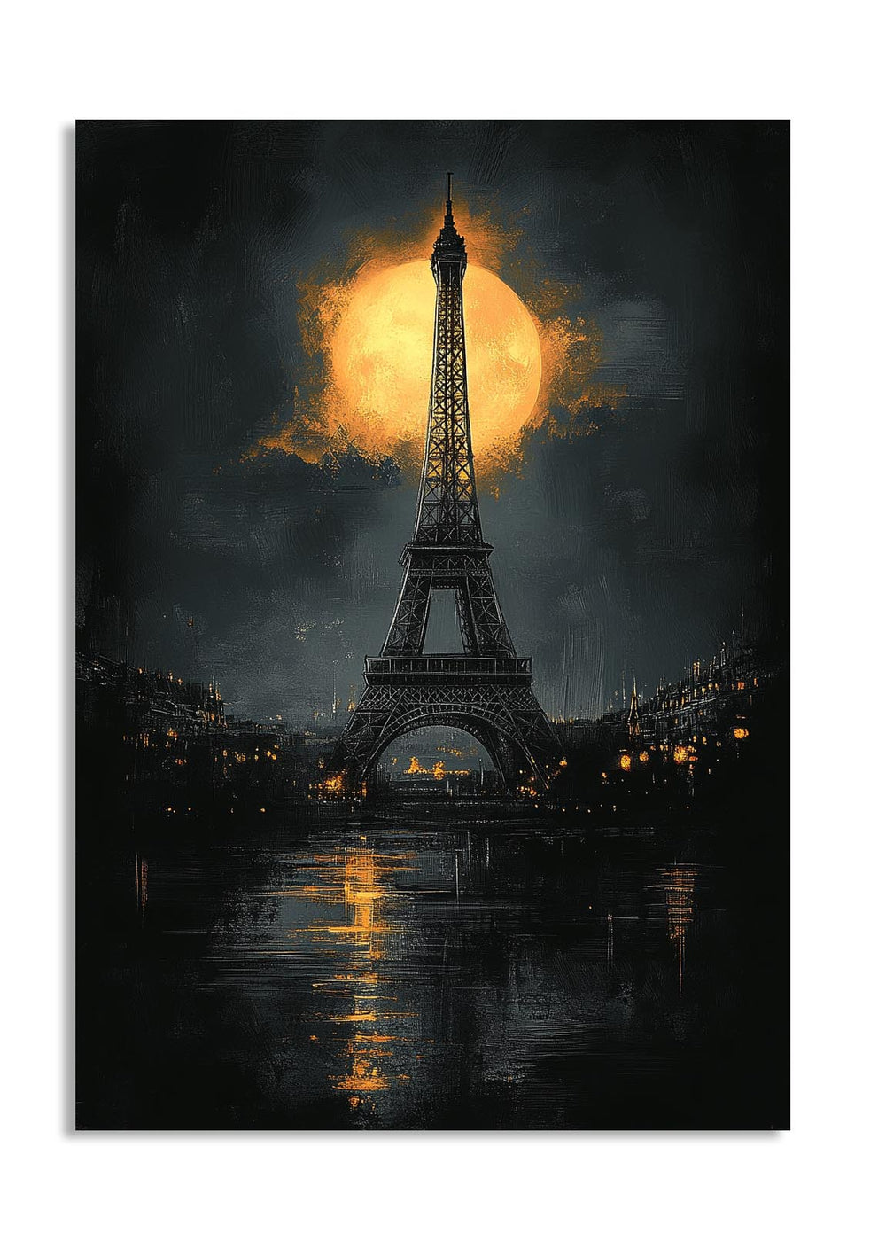 Eiffel Tower with a dramatic sky and reflection in water, as a premium aluminum metal print from GoMetalPrint.
