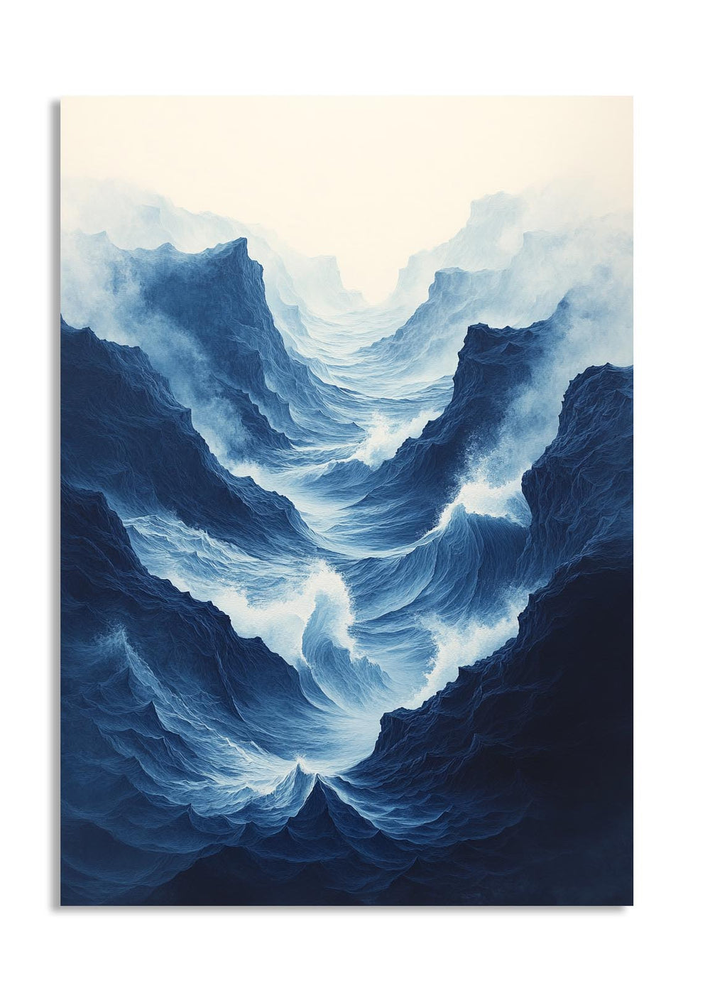 Artistic depiction of a mountain landscape with blue and white tones, as a premium aluminum metal print from GoMetalPrint.
