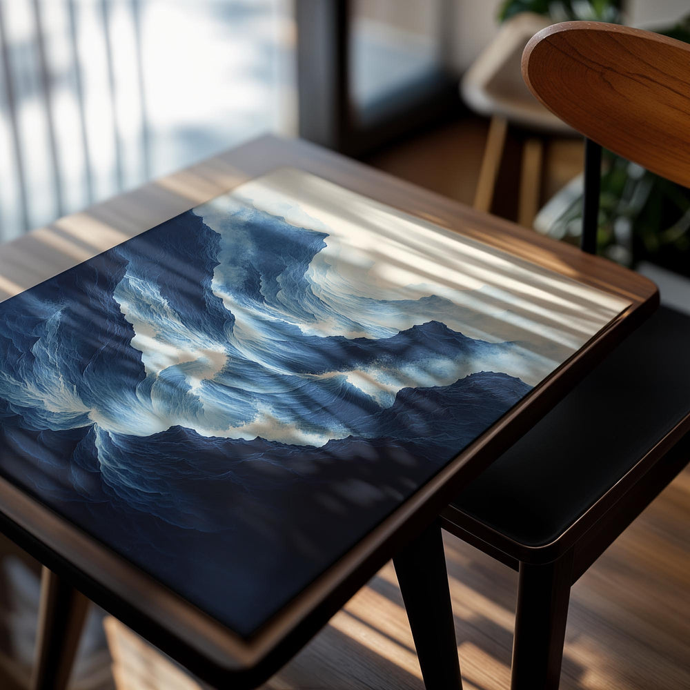 Artistic depiction of a mountain landscape with blue and white tones, as a premium aluminum metal print from GoMetalPrint.
