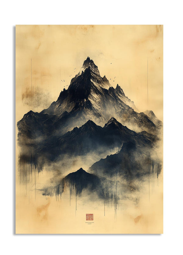Artistic depiction of a mountain on a textured beige background, as a premium aluminum metal print from GoMetalPrint.
