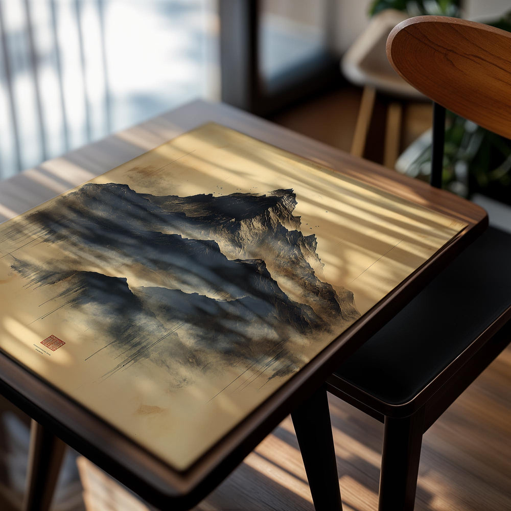 Artistic depiction of a mountain on a textured beige background, as a premium aluminum metal print from GoMetalPrint.
