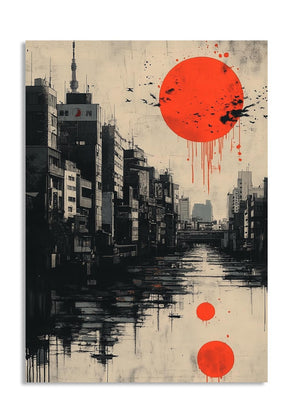 Artistic depiction of a cityscape with a large red sun and black birds, as a premium aluminum metal print from GoMetalPrint.
