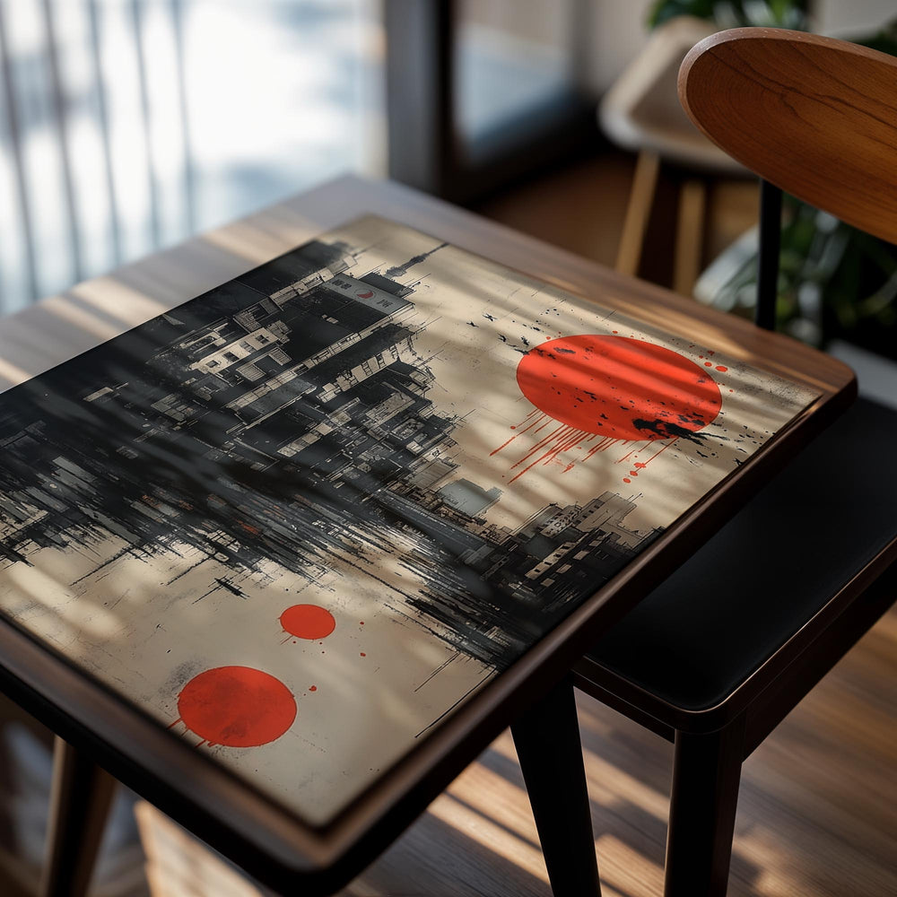 Artistic depiction of a cityscape with a large red sun and black birds, as a premium aluminum metal print from GoMetalPrint.
