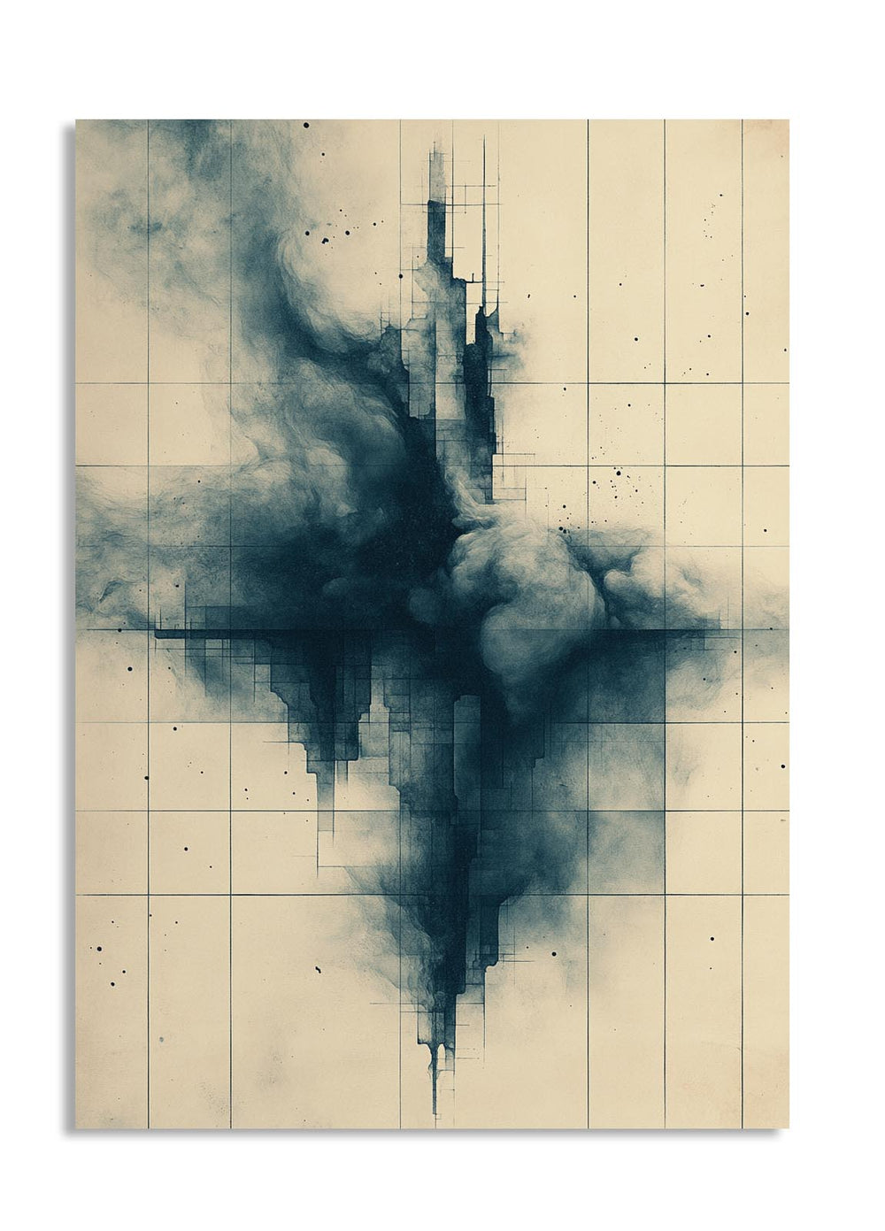 Abstract art piece with black smoke-like pattern on a beige grid background, as a premium aluminum metal print from GoMetalPrint.
