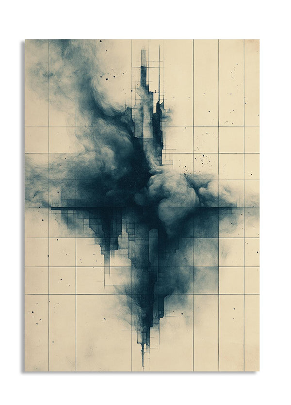 Abstract art piece with black smoke-like pattern on a beige grid background, as a premium aluminum metal print from GoMetalPrint.
