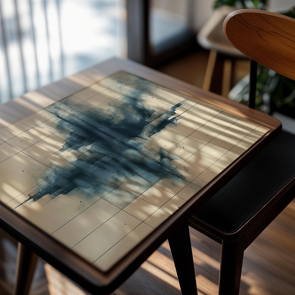 Abstract art piece with black smoke-like pattern on a beige grid background, as a premium aluminum metal print from GoMetalPrint.
