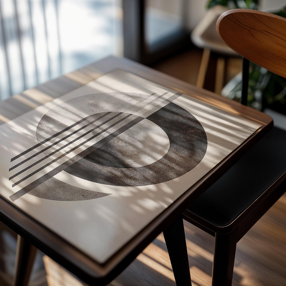 Abstract art print with geometric shapes on a beige background, as a premium aluminum metal print from GoMetalPrint.
